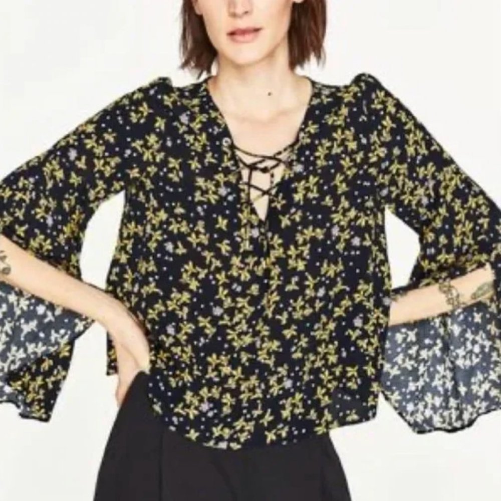 ZARA Black & Yellow Floral Bell Sleeve Tie Front Top - Size XS
